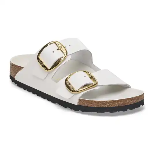 Cover image of High-Shine Antique White Birkenstock Arizona Hammered Big Buckle Natural Leather Patent Narrow Women's